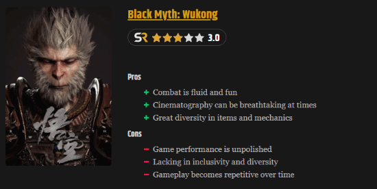 《黑神話：悟空》被打三星：缺乏多樣性/女角色成扣分項